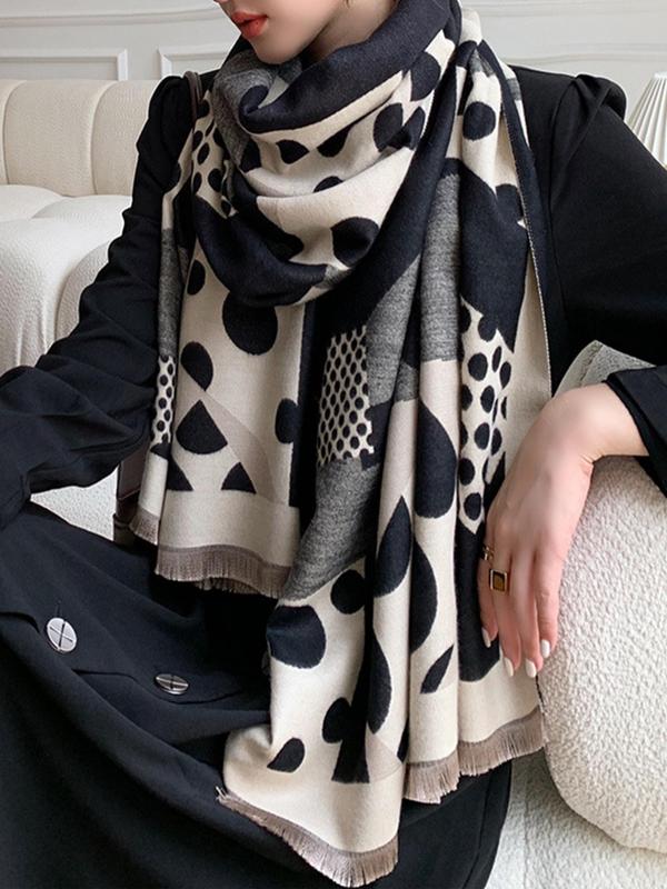 Women's Polka Dot Pattern Tassel Detail Scarf, Casual Soft Warm Shawl for Fall & Winter, Fashion Accessories for Daily Wear