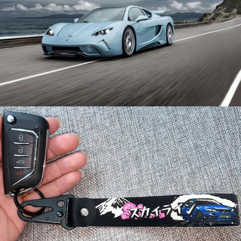 Race Car & Cherry Blossom Pattern Car Keychain, Portable Anti-lost Car Key Chain, Car Accessories, Car Key Decorative Lanyard, Cool Car Accessories, Car Accessories for Men