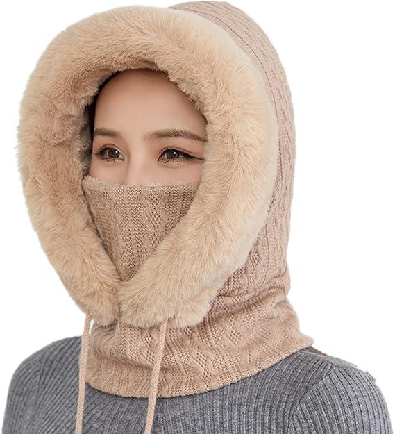 Women's Warm Hooded Scarf Hat - Fleece Lined Beanie with Drawstring, Knit Balaclava Style for Cold Weather Comfort & Face Protection