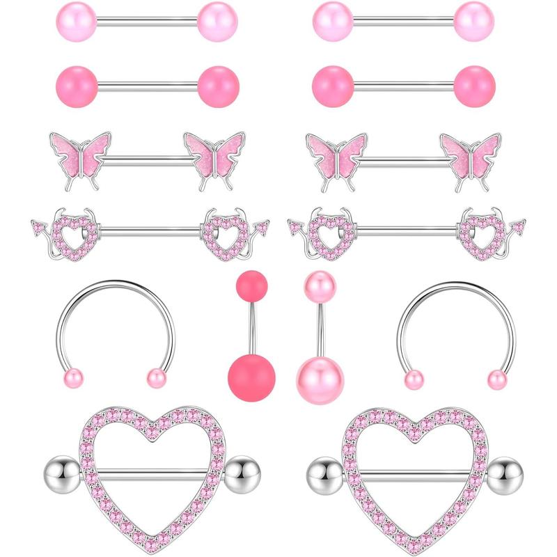 Nipple Piercing Jewelry With Belly Button Ring Set Surgical Steel Nipple Rings for Women Barbell Nipple Rings 14 Gauge 14-Piece Set