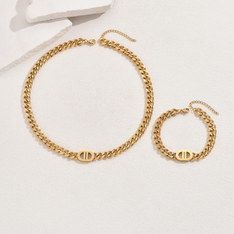 2 PCS Set Gold Color Cuban Chain Geometric Charm Necklace Bracelet Jewelry Set Hiphop Trendy Thick Chain Bracelet Choker Set