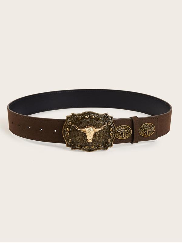 Women's Boho Style Cow Head Decorated Belt, Vintage Western Belt for Jeans & Dress, Fashion Accessories for Daily Wear