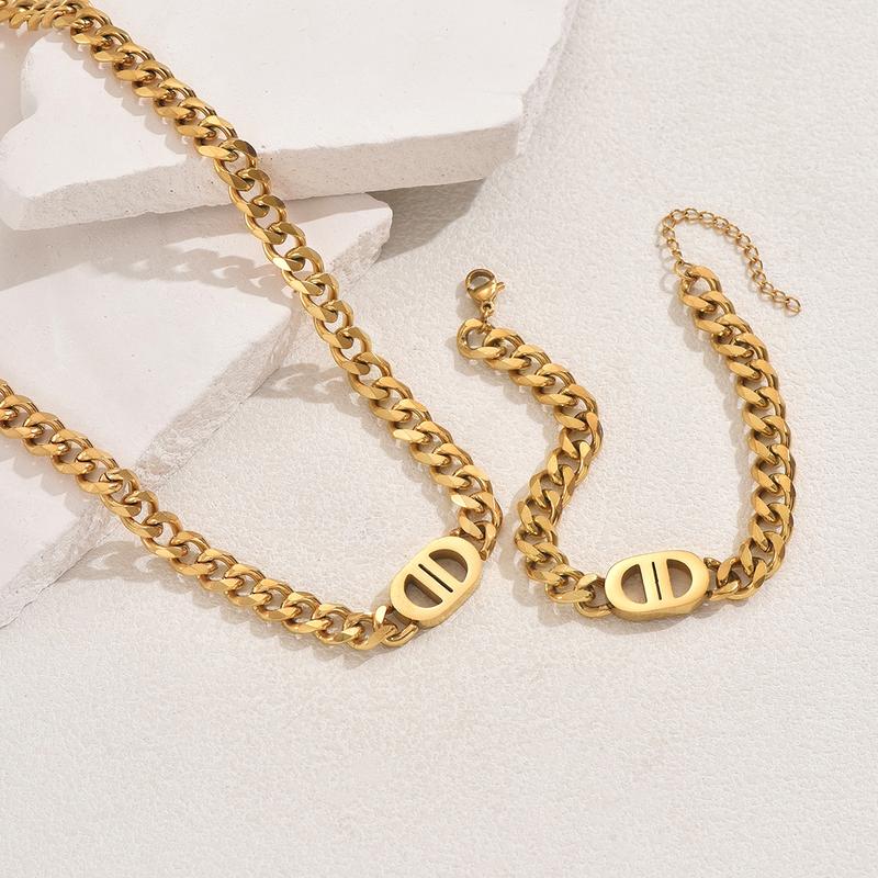 2 PCS Set Gold Color Cuban Chain Geometric Charm Necklace Bracelet Jewelry Set Hiphop Trendy Thick Chain Bracelet Choker Set