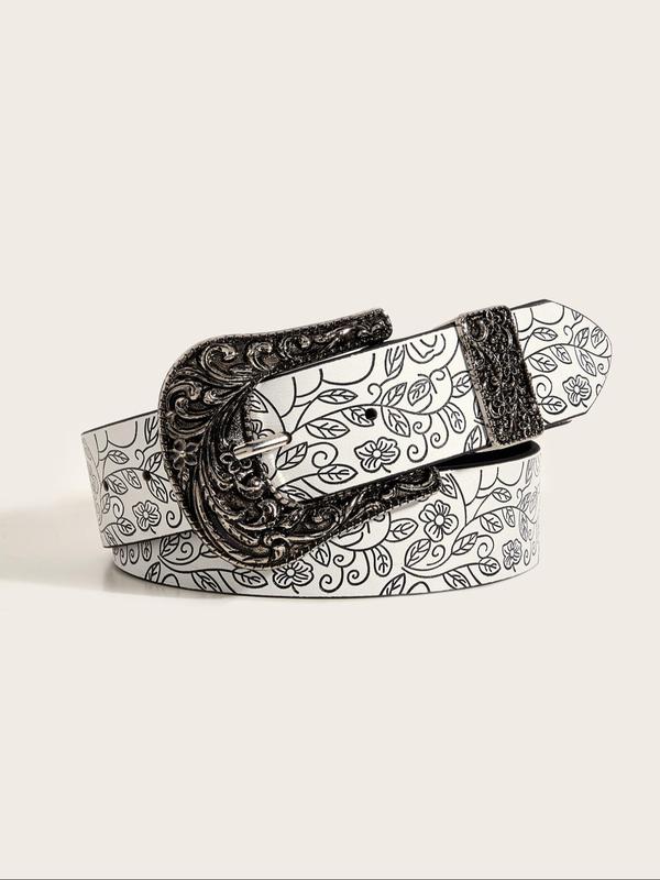 Vintage Floral Embossed Western Belt, Fashionable PU Leather Belt for Men & Women, Casual Waistband for Jeans Trousers