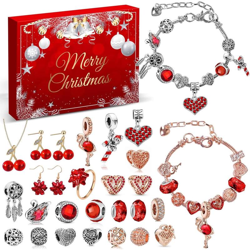 Women's Advent Calendar Bracelet, 24 Days Jewelry Necklace Bracelet Making Kit - Christmas Countdown Gift for Daughter, Friends, Wife, Mom (Red) Soft Gloss