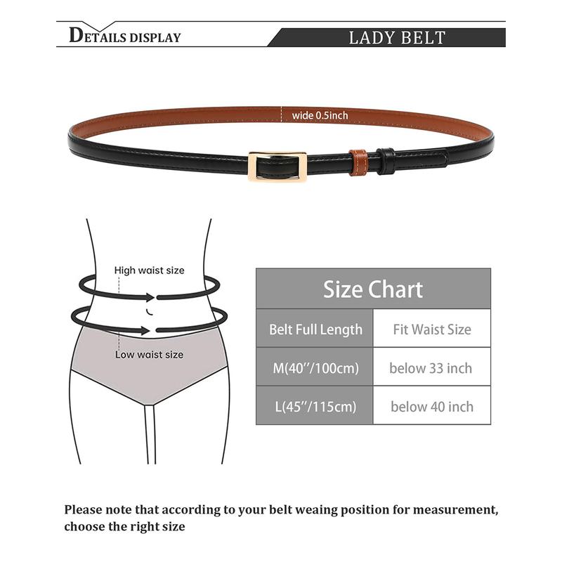 AWAYTR Skinny Reversible Leather Belt Hole Free Belt for Women Jeans Dress Thin Waist Belt for Ladies with Golden Buckle