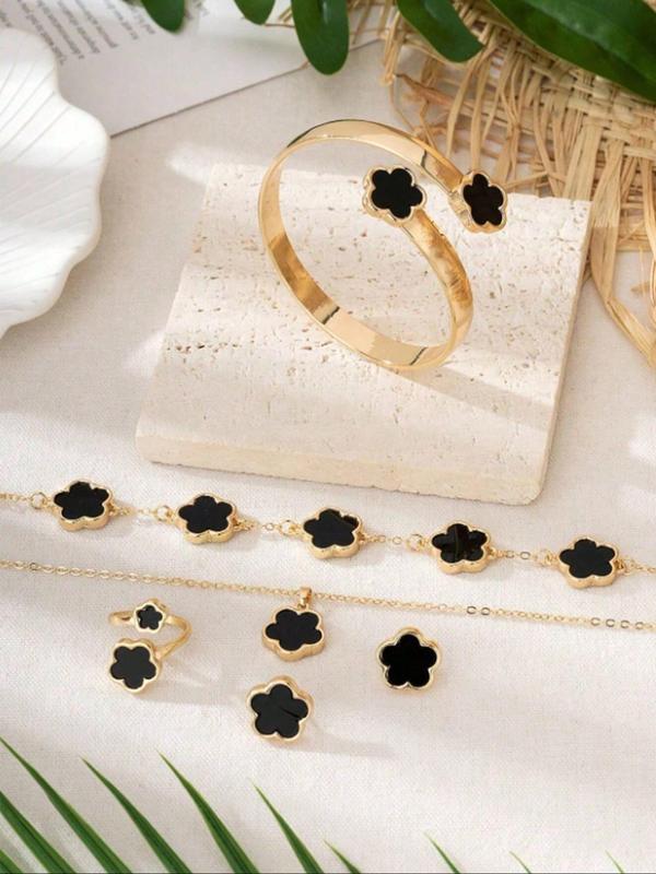 Flower Design Jewelry Set, Elegant Necklace & Bracelet & Bangle & Ring & Stud Earrings, Fashion Jewelry for Party, Daily Decor, Trendy All-match & Exquisite Jewelry for Birthday Gift