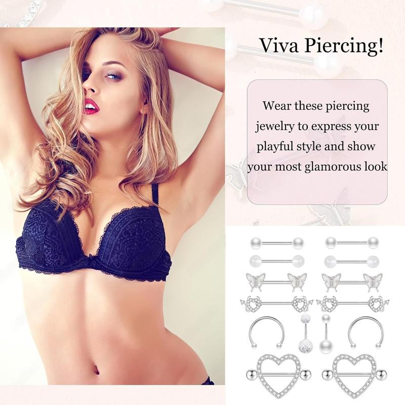 Nipple Piercing Jewelry With Belly Button Ring Set Surgical Steel Nipple Rings for Women Barbell Nipple Rings 14 Gauge 14-Piece Set