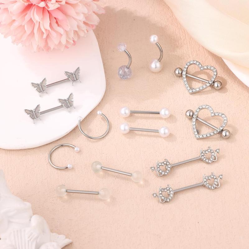 Nipple Piercing Jewelry With Belly Button Ring Set Surgical Steel Nipple Rings for Women Barbell Nipple Rings 14 Gauge 14-Piece Set