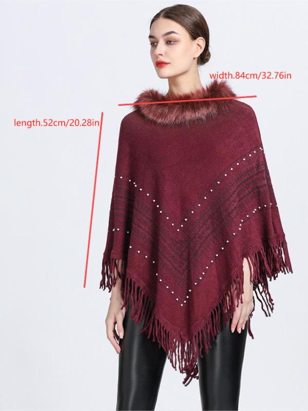 Women's Solid Color Faux Pearl Decor Tassel Trim Shawl, Casual Soft Warm Shawl Blanket Cape for Fall & Winter, Fashion Accessories for Women & Girls