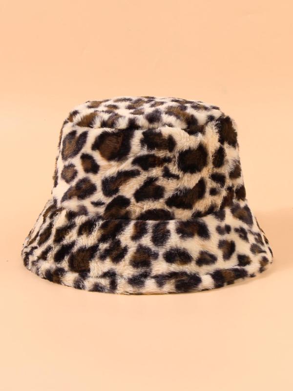 Women's Street Trend Leopard Graphic Fluffy Bucket Hat, Trendy Warm Comfy Bucket Hat, Chic All-match Accessories for Fall & Winter for Women & Girls