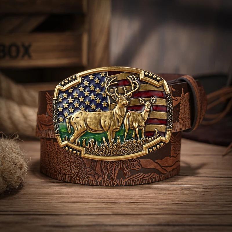 Western Cowboy PU Leather Belt - Men Waist Strap Bull Decoration Floral Engraved for Jeans chao ren