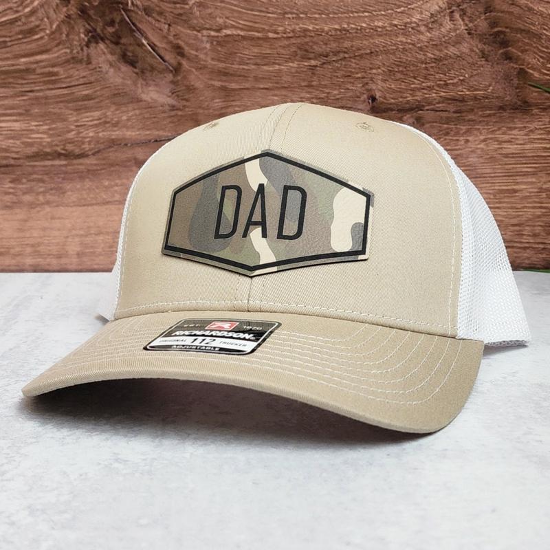 Mommy, Daddy, Dad, Mama, Papa, Grandpa, Pappy, Poppy, Papaw, Pops, Richardson 112 Trucker Hat & Yupoong Laser Engraved Leather Patch Hat