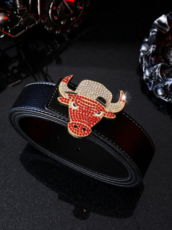 Men's Street Trend Rhinestone Bull Head Buckle Decorated Pu Leather Belt, Trendy Hip Hop Belt, Fashionable Clothes Accessories for Daily & Party Outfits