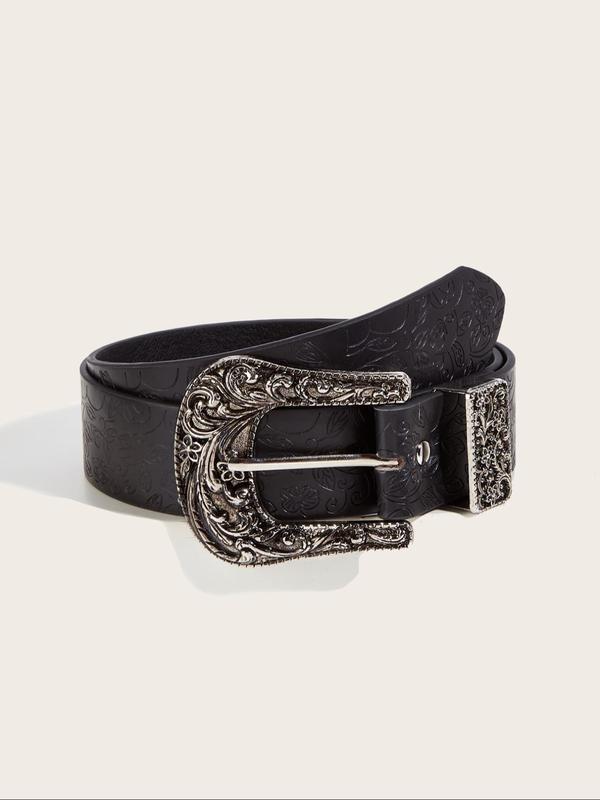 Vintage Floral Embossed Western Belt, Fashionable PU Leather Belt for Men & Women, Casual Waistband for Jeans Trousers