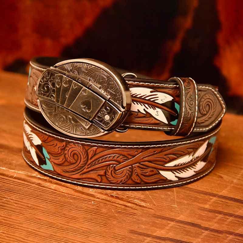 Western Feather Leather Printed Belt and Oval removable westem cowboy Buckle Costume Decoration