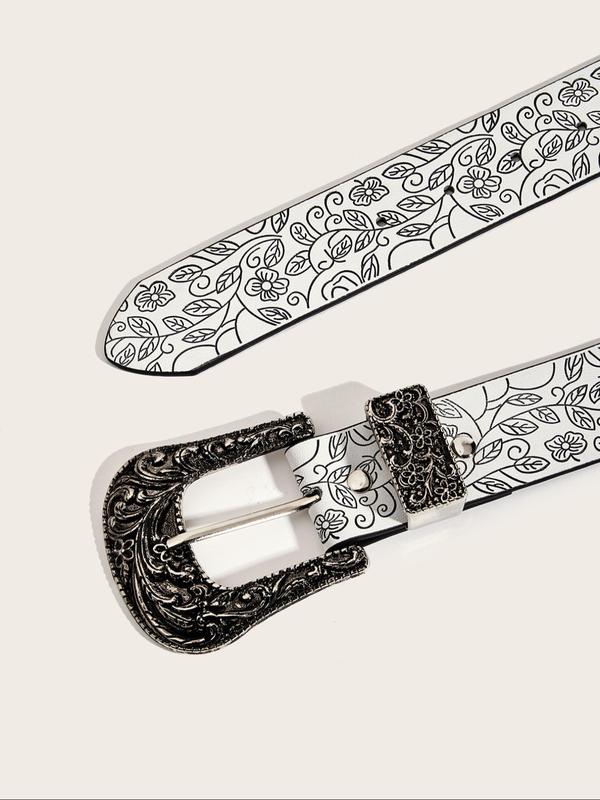 Vintage Floral Embossed Western Belt, Fashionable PU Leather Belt for Men & Women, Casual Waistband for Jeans Trousers