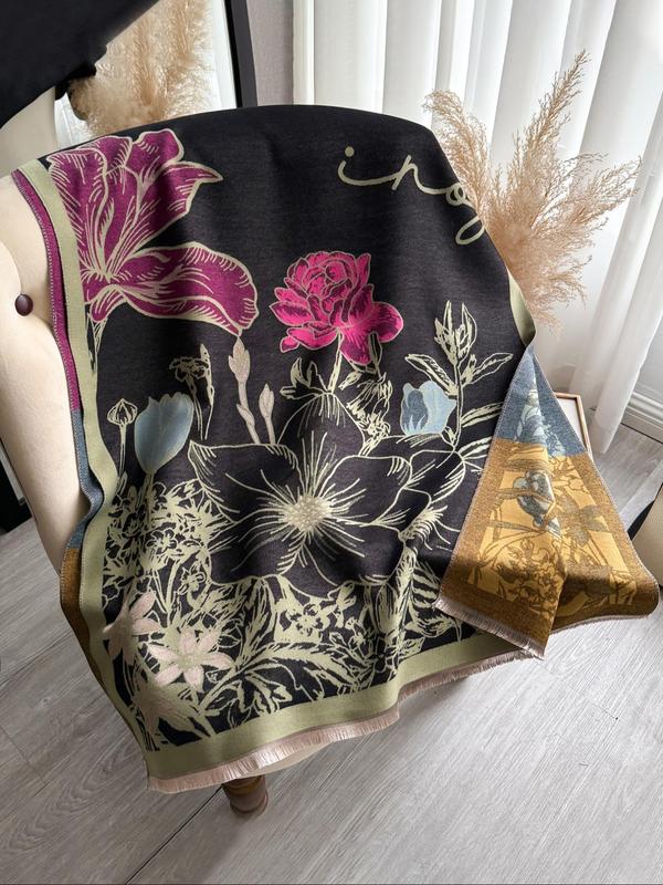 Floral Print Tassel Decor Double Sided Scarf, Casual Soft Warm Thick Shawl for Fall & Winter, Fashion Accessories for Women & Men