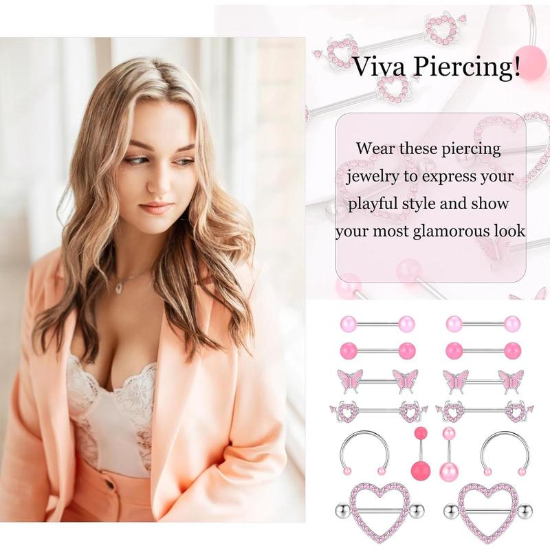 Nipple Piercing Jewelry With Belly Button Ring Set Surgical Steel Nipple Rings for Women Barbell Nipple Rings 14 Gauge 14-Piece Set