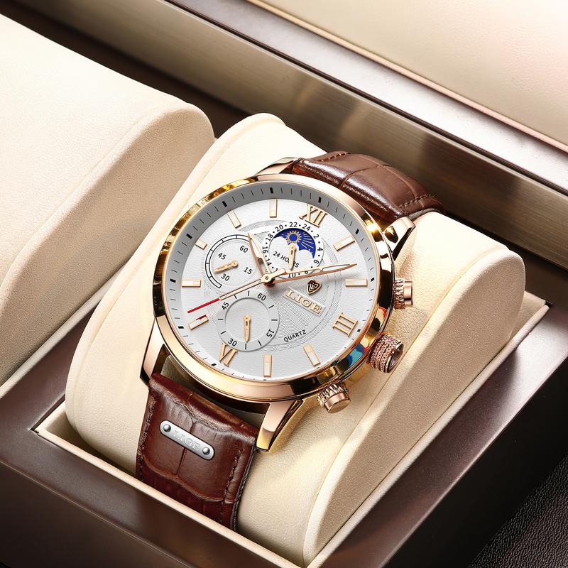 LIGE casual fashion men's watch with chronograph and moon phase