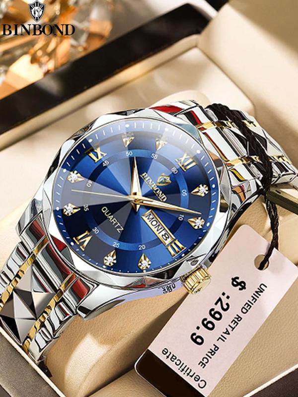 Men's Business Round Dial Analog Quartz Watch, Rhinestone Decor Luminous Waterproof Watch for Party, Daily Clothing Decor, Trendy All-match & Exquisite Watch for Gift