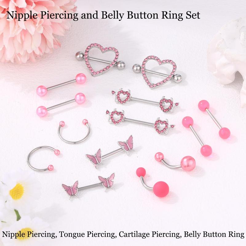 Nipple Piercing Jewelry With Belly Button Ring Set Surgical Steel Nipple Rings for Women Barbell Nipple Rings 14 Gauge 14-Piece Set