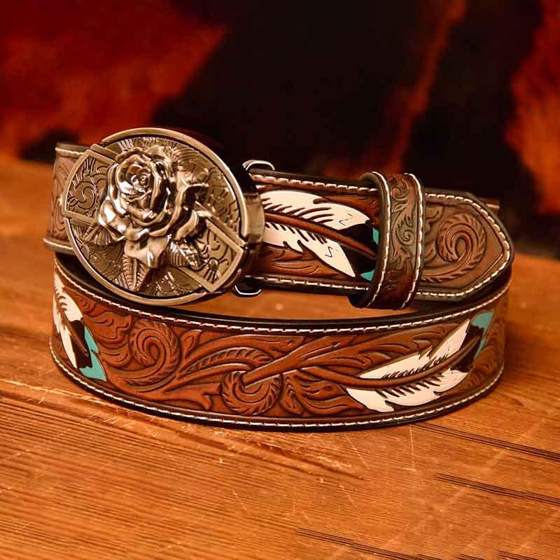 Western Feather Leather Printed Belt and Oval removable westem cowboy Buckle Costume Decoration