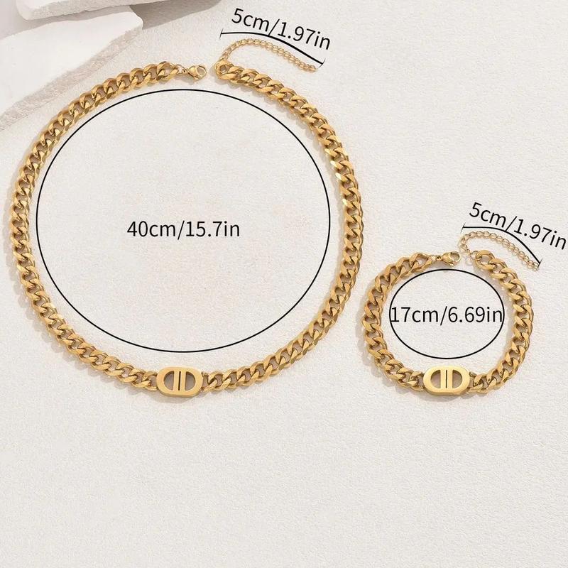 2 PCS Set Gold Color Cuban Chain Geometric Charm Necklace Bracelet Jewelry Set Hiphop Trendy Thick Chain Bracelet Choker Set