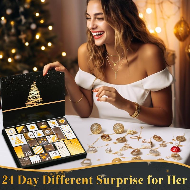 Jewelry Advent Calendar for Adult Women, 24 Day Christmas Countdown Calendar with Gold Earrings, Necklaces, Bracelets, and Rings, Xmas Surprise Gift for Wife Friends