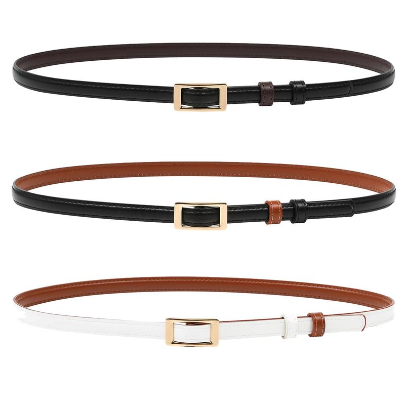 AWAYTR Skinny Reversible Leather Belt Hole Free Belt for Women Jeans Dress Thin Waist Belt for Ladies with Golden Buckle