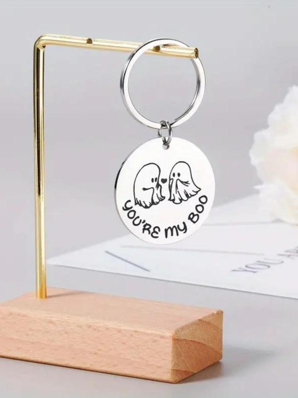 Ghost & Letters Pattern Keychain, Stainless Steel Round Keychain for Women & Men, Fashion Accessories for Daily Use, Couple Anniversary Gift