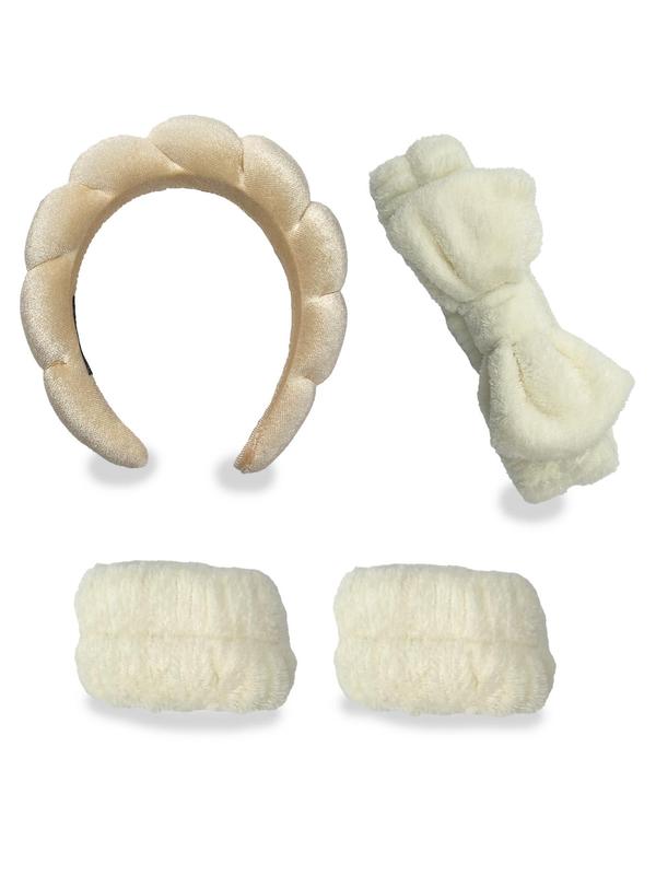 Cute Bowknot Decor Plush Hair Hoop & Hair Band & Wristbands for Women & Girls, Minimalist Headwear Suitable for Thick Hair for Shower, Yoga, Washing Face