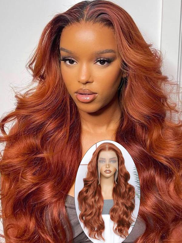 24 Inch Burgundy Ginger Long Body Wavy Wigs for Women, Gorgeous Fluffy Wigs without Bangs, Synthetic Heat Resistant HD Lace Front Wigs for Party, Daily Use