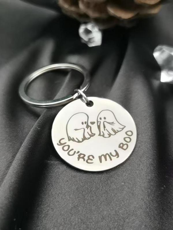 Ghost & Letters Pattern Keychain, Stainless Steel Round Keychain for Women & Men, Fashion Accessories for Daily Use, Couple Anniversary Gift