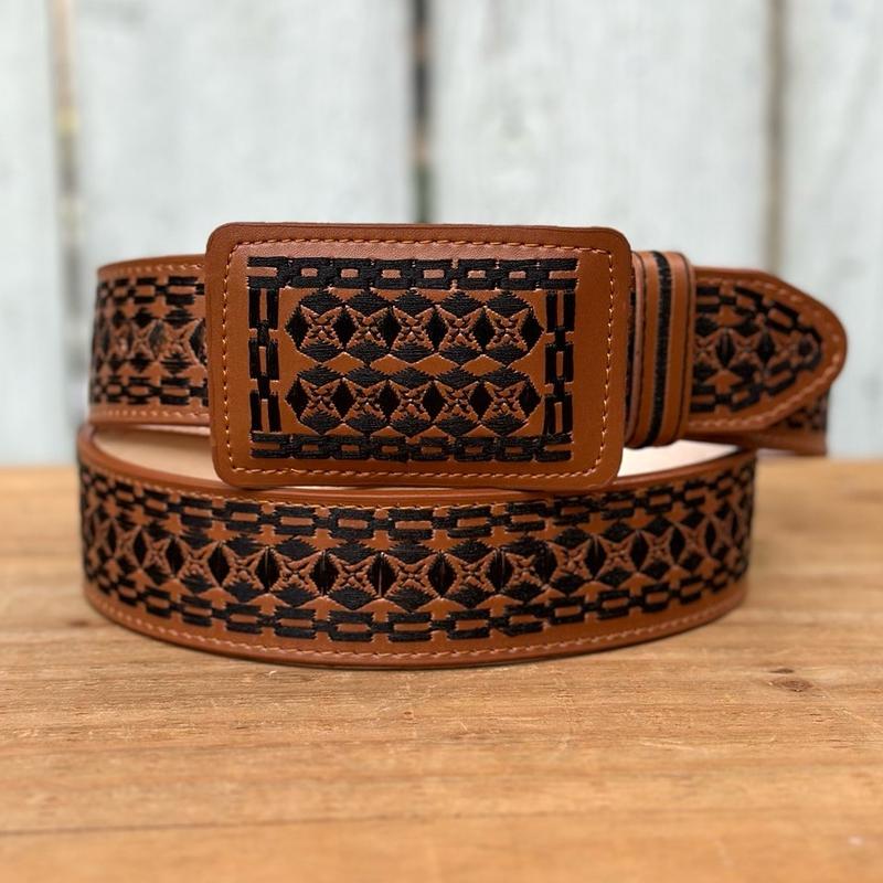 Tan “Rocco” Embroidered Belt with Rectangular Buckle - Men’s Western Belts