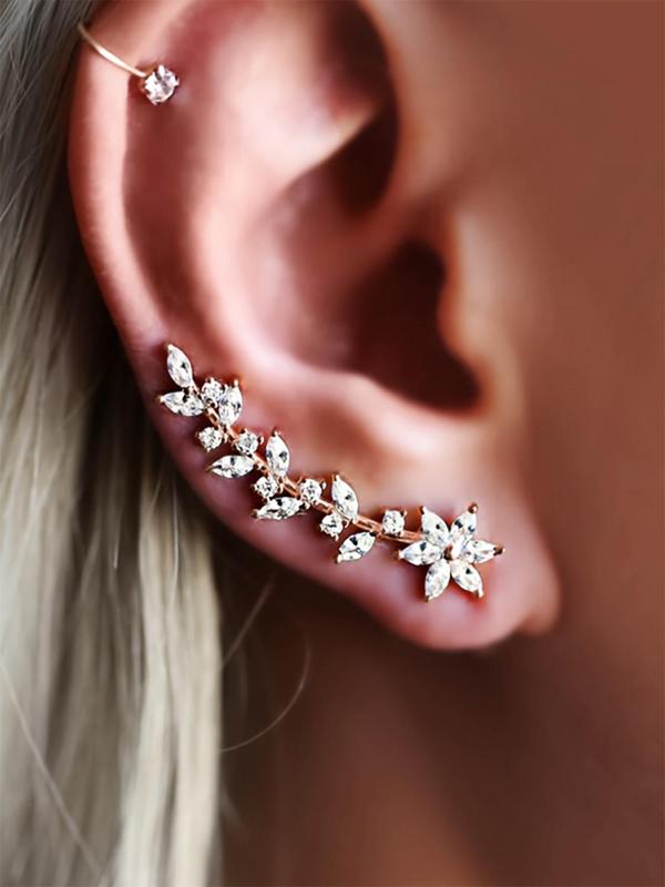 Flower Design Ear Cuff (1 Pair), Rhinestone Decor Earrings for Women for Party, Daily Clothing Decor, Trendy All-match Wedding Anniversary Party Jewelry Gift