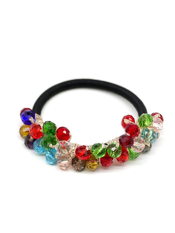 Colorblock Artificial Crystal Decor Hair Tie, High Stretch Hair Tie, Fashion Hair Accessories for Women & Girls