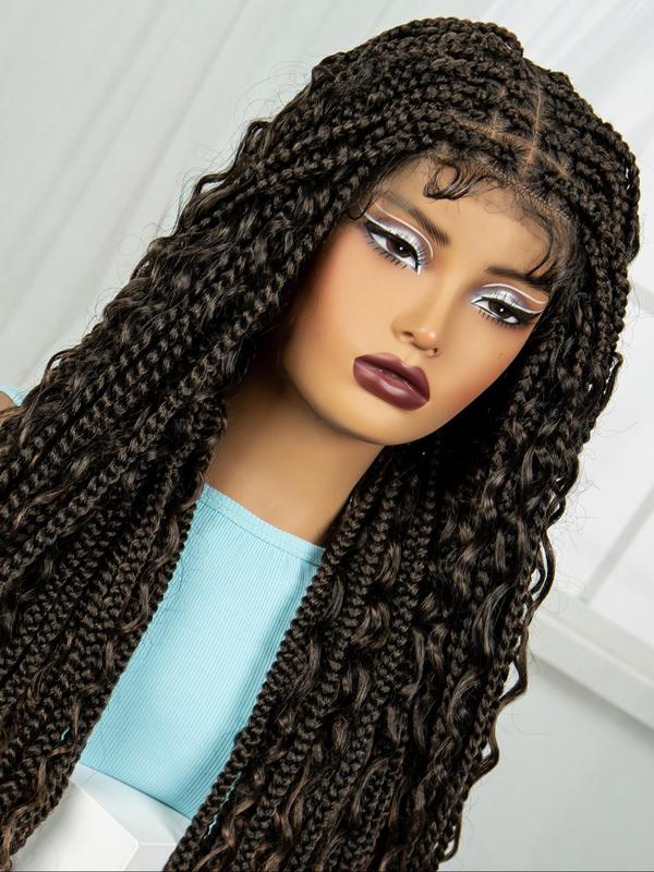 32 Inch Black Long Box Braided Lace Wigs for Women, Gorgeous Fluffy Wigs without Bangs, Synthetic Hair Braided Lace Wigs for Party, Daily Hairstyle Ideas