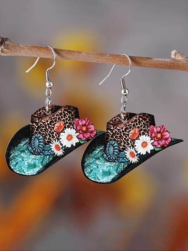 Boho Style Floral & Leopard Print Dangle Earrings, Fashion Hat Shape Jewelry for Women, Daily Clothing Decor, Trendy All-match Jewelry for Birthday Gift