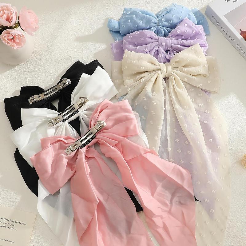 6PCS Big Satin Bows for Women, Long Tail Coquette Hair Accessories - Cute Aesthetic Hair Clips & Ribbons for Gifts