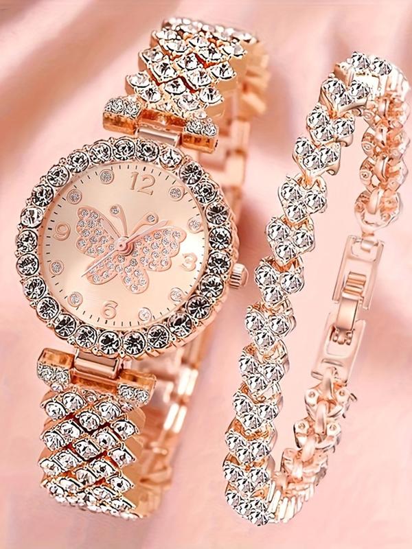 Women's Elegant  Rhinestone Decor Butterfly Design Quartz Watch & Heart Design Bracelet Set, without Box, Trendy All-match & Exquisite Watch Set for Birthday Gift