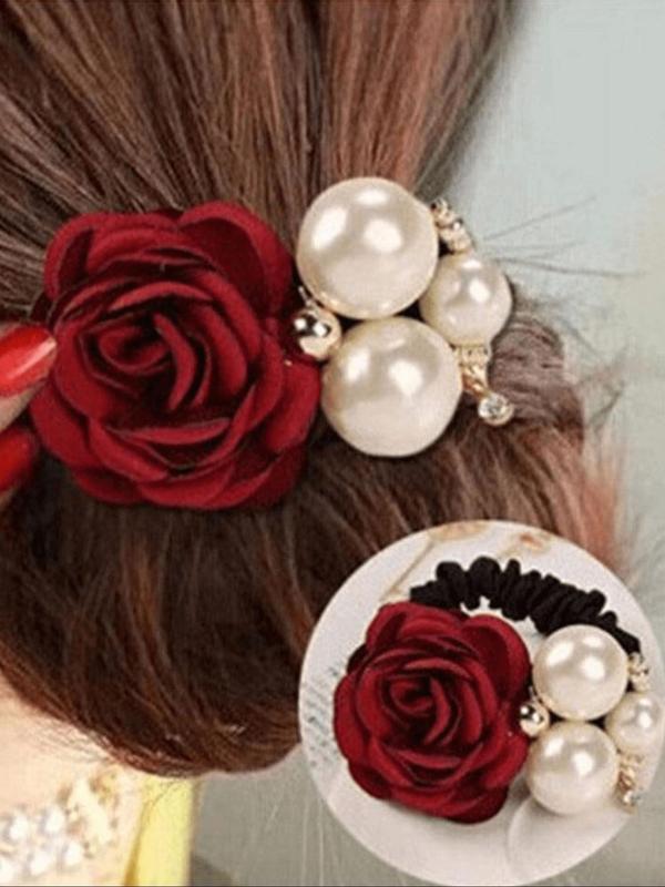 Elegant Faux Pearl Decorated Hair Ties As Gift, Handmade Flower Decorated Hair Ties, Exquisite Fashion Hair Accessories for Women & Girls, High Elastic Ponytail Holder