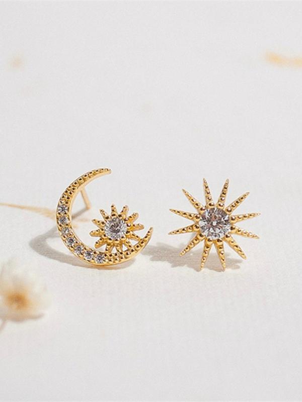 1 Pair Women's Creative Rhinestone Decor Sun & Moon Shaped Stud Earrings, Elegant Asymmetrical Design Stud, Girl's Temperament All-match Accessory