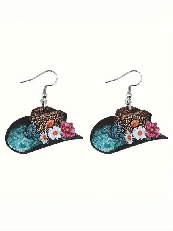 Boho Style Floral & Leopard Print Dangle Earrings, Fashion Hat Shape Jewelry for Women, Daily Clothing Decor, Trendy All-match Jewelry for Birthday Gift