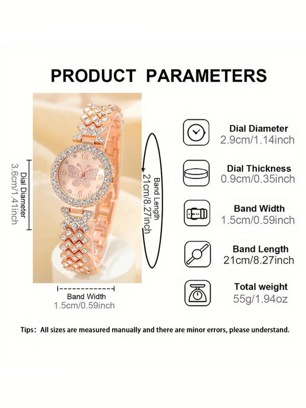 Women's Elegant  Rhinestone Decor Butterfly Design Quartz Watch & Heart Design Bracelet Set, without Box, Trendy All-match & Exquisite Watch Set for Birthday Gift