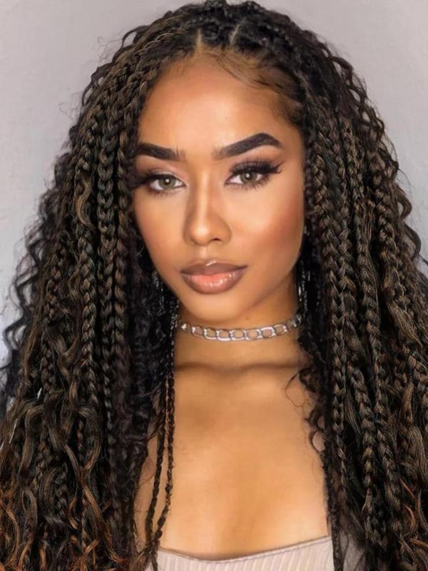 32 Inch Black Long Box Braided Lace Wigs for Women, Gorgeous Fluffy Wigs without Bangs, Synthetic Hair Braided Lace Wigs for Party, Daily Hairstyle Ideas