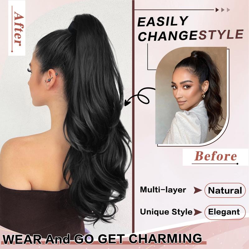 CHRSHN Ponytail Extension, 26 Inch Drawstring Ponytail Extension for Women Long Black Wavy Layered Pony Tails Hair Extensions Synthetic Clip in Ponytail Hairpiece for Women