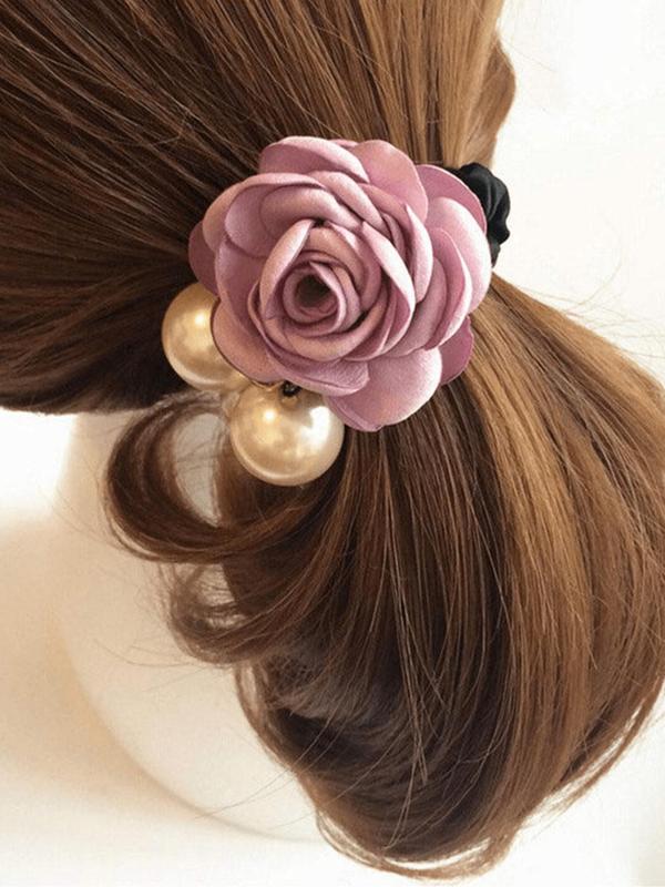 Elegant Faux Pearl Decorated Hair Ties As Gift, Handmade Flower Decorated Hair Ties, Exquisite Fashion Hair Accessories for Women & Girls, High Elastic Ponytail Holder