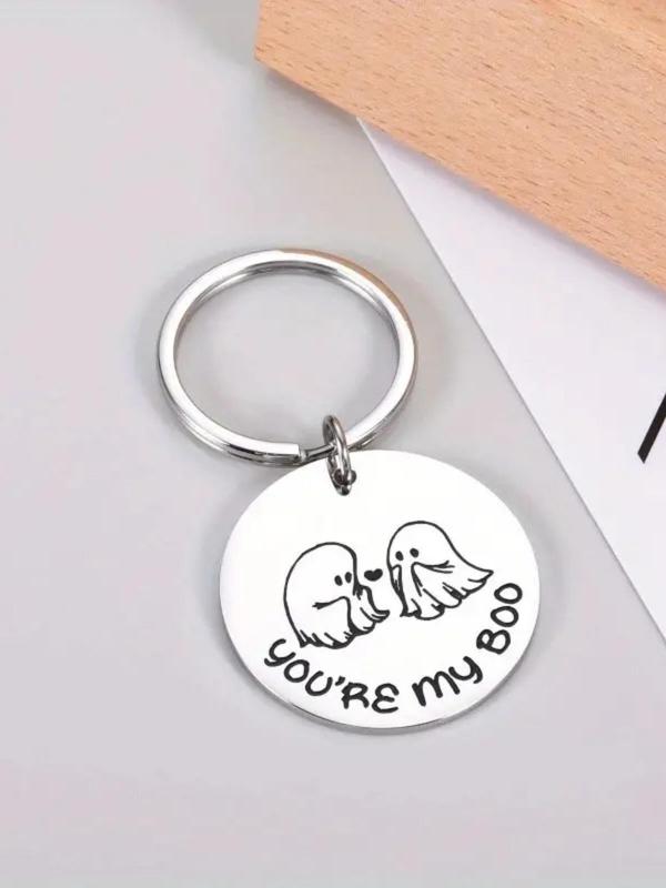 Ghost & Letters Pattern Keychain, Stainless Steel Round Keychain for Women & Men, Fashion Accessories for Daily Use, Couple Anniversary Gift