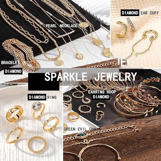 38Pcs(9Pack) Gold Plated Jewelry Set for Women With 8 Necklace 12 Bracelet 27 Ring 12 Pair Earring Hoop Simple Sparkle for Happy